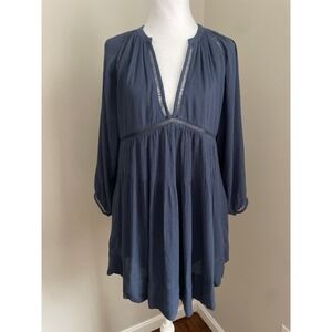 FREE PEOPLE‎ Women XS Go Lightly Swing Mini Dress BLUE Boho Hippie Tunic Crochet